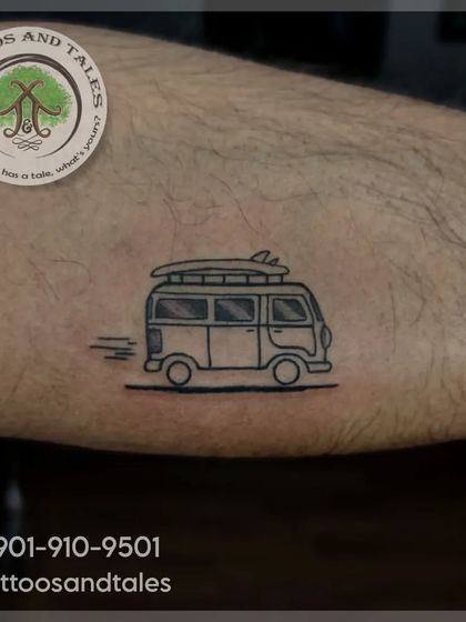 A tiny van tattoo for a client who loves to travel and surf. Small tattoos like this are a great way to represent your passions.