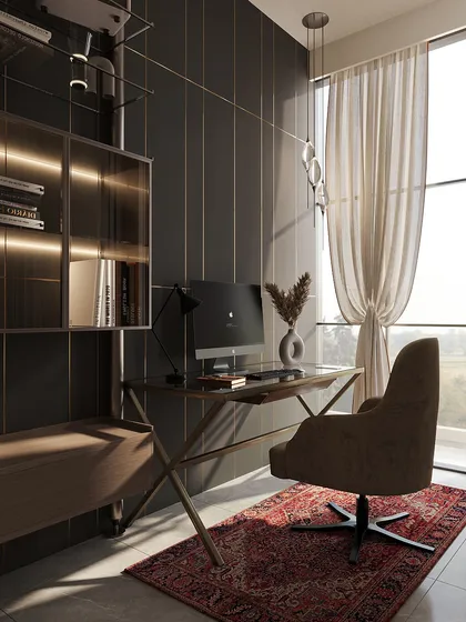 The desk is positioned by a large window, allowing natural light to flood the workspace. The design is bold, unapologetic, and built for focus.