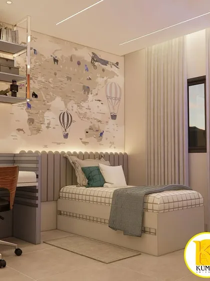 A view from the study desk, showing the bed and the soft, ambient lighting that makes the room feel cozy and inviting.
