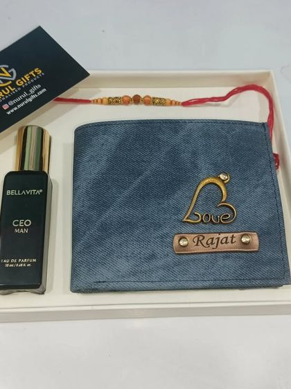 Another view of the Rakhi and personalized wallet combo, a perfect gift for your brother.