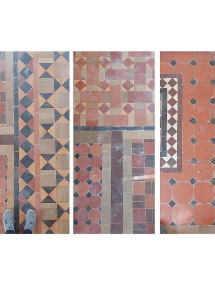 A triptych showcasing the variety of original geometric floor tile patterns we discovered and restored. Documenting these was a critical first step in our conservation process.