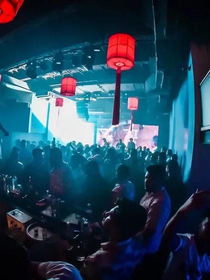 The view from our console at Tantra during a Durga Puja celebration. The entire club was packed and vibing with us.