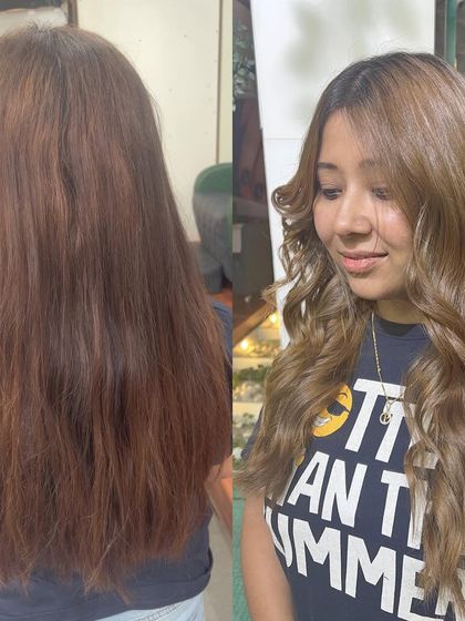 An ash pop hair color transformation. We corrected a brassy, warm tone to a cool, ashy blonde, giving the client a modern and trendy new style.