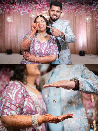 A collage of fun and creative ring shots from an engagement ceremony. The floating rings and playful poses show the couple's fun-loving personalities.