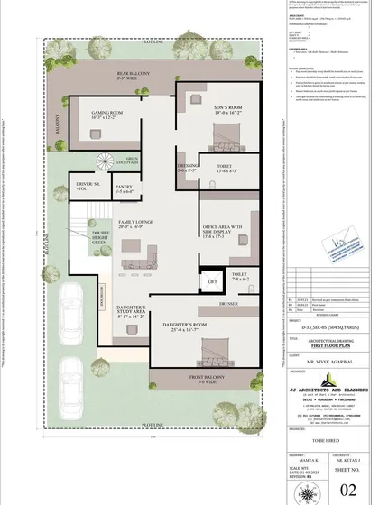 The first-floor plan for a 264 sq. yard residential duplex in Faridabad. This level includes a family lounge, multiple bedrooms, and a dedicated office area, all planned for comfort and privacy.