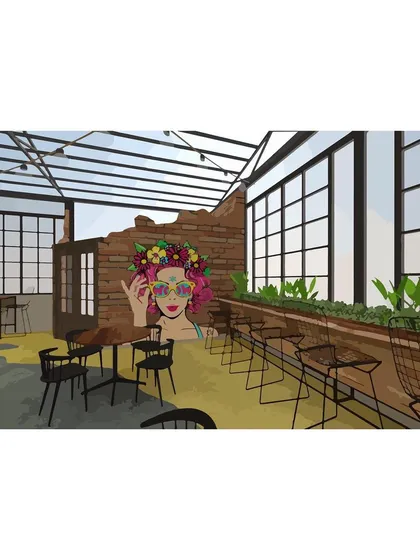 A conceptual render for an upcoming restobar, designed to be a vibrant social hub. The interior design concept uses a palette of exposed brick, large industrial windows, and lush greenery to create a welcoming atmosphere, complemented by a striking pop-art mural.