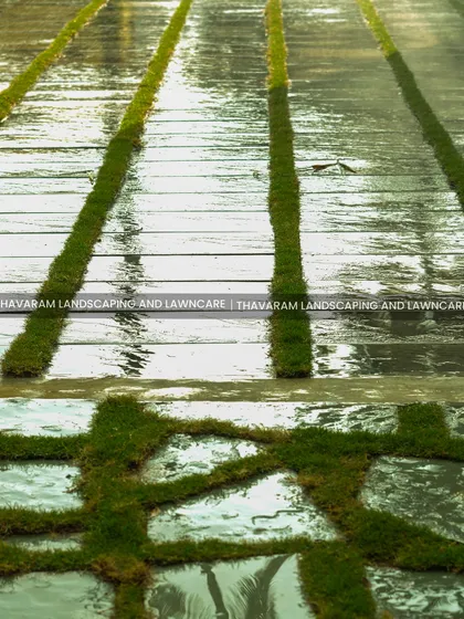 A close-up detail of two different pathway styles: one with grass strips between long pavers, and another with grass growing in the gaps of irregular stones.