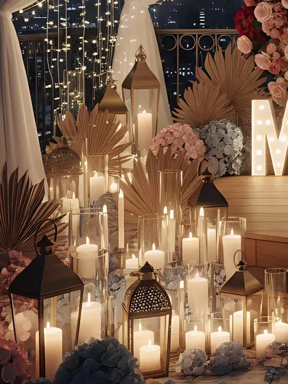 Another perspective on the detailed decor. This arrangement combines rustic lanterns with modern glass hurricane vases, creating a balanced and visually interesting candlelit landscape for your romantic event.
