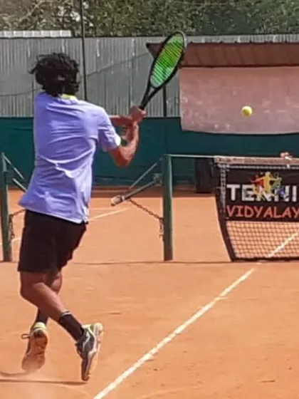 A moment from the 4th Shri Rajesh Patel Memorial Super-Series AITA Tennis Tournament doubles match.