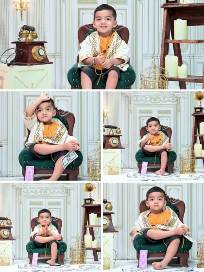 A five-photo collage capturing the many moods and playful poses of the toddler. This collection tells the story of a fun and expressive vintage-themed session.
