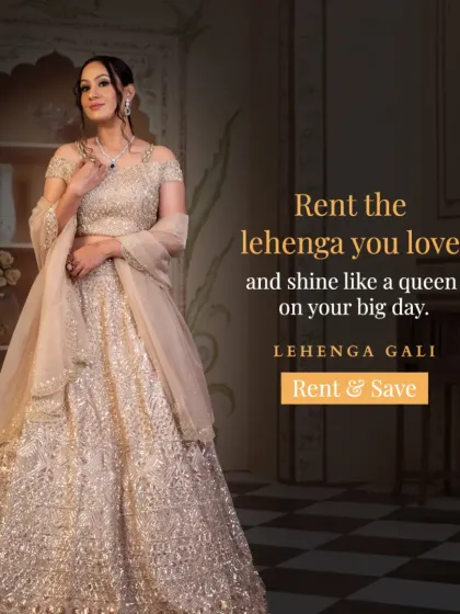 Rent the lehenga you love and shine like a queen on your big day. This fully sequined champagne gold lehenga offers a glamorous and modern alternative for a wedding reception or engagement.