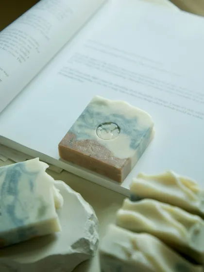 My Lavender, Rosemary & Peppermint bar, enriched with indigo powder, hibiscus, and kaolin clay to gently cleanse and soothe.