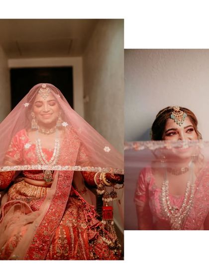 A collage of the bride peeking through her veil, creating a sense of mystery and showcasing her beautiful smile.