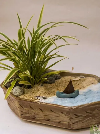 An old beach-themed minigarden I created a few years ago, with a tiny sailboat on a sea of sand and blue chips.