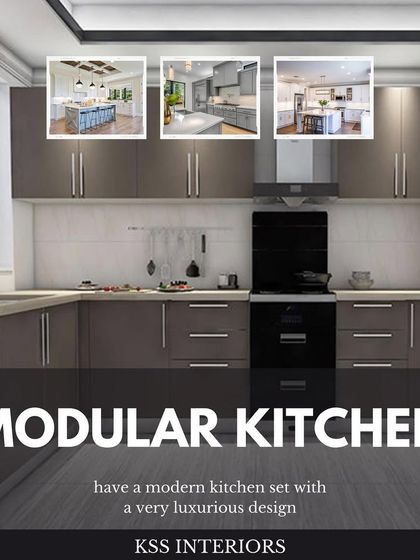 A modular kitchen is a modern style statement. This graphic emphasizes that a luxurious and glamorous kitchen can be achieved at an affordable price through smart modular design.