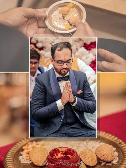 A collage capturing the traditional rituals performed by the groom during the engagement ceremony.