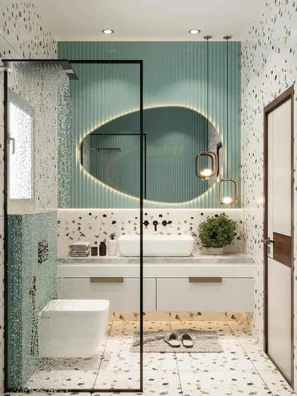 Another view of the kids' bathroom render, showcasing the abstract-shaped LED mirror and hanging pendant lights. The combination of textures and shapes makes this a truly unique and contemporary design.