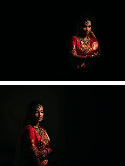 A collage of a bride's portraits in dramatic low-light, highlighting her features and wedding attire.