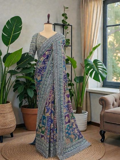 A beautiful printed saree in shades of blue and purple with a heavy, silver-embroidered border. This piece is elegant and versatile, suitable for a variety of special occasions.