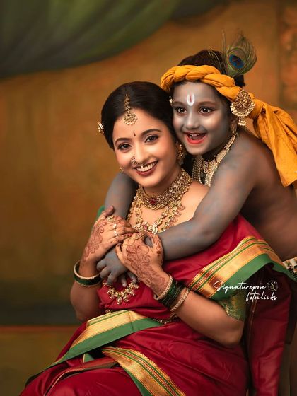 A candid moment of joy and affection during our mother-son Krishna themed photoshoot. We aim to capture genuine emotions that tell a beautiful story.