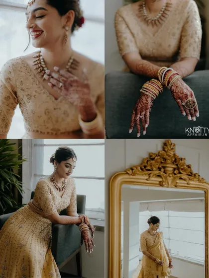 A collection of beautiful bridal details. This collage focuses on the bride's radiant smile, her intricate henna, her elegant jewelry, and her reflection in a gilded mirror, creating a complete portrait of her look.