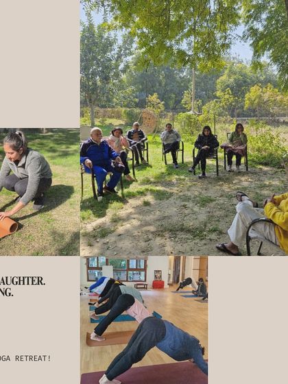 A collage capturing the spirit of our local retreats: love, laughter, and learning. From outdoor relaxation to indoor asana practice, it is a complete experience of rejuvenation.