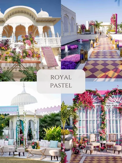 A collage showcasing a "Royal Pastel" theme. The images display how soft pastel colors can be used in a grand, palatial setting to create a look that is both regal and romantic.
