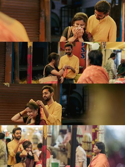 A collage from a vintage-themed pre-wedding shoot in a market, capturing the couple buying flowers.