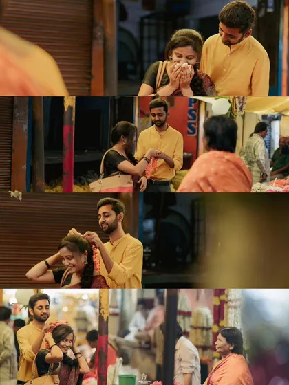 A collage from a vintage-themed pre-wedding shoot in a market, capturing the couple buying flowers.
