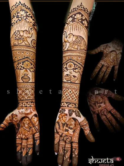 A customized bridal mehendi that tells the bride's story. This design includes couple portraits and traditional motifs like the kalash and elephants, symbolizing an auspicious start.