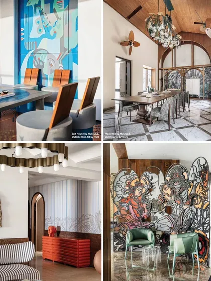 A collage from the Architecture + Design feature, showcasing several of our collaborative projects with MuseLAB, including wall murals and intricate partitions that blend art with interior architecture.