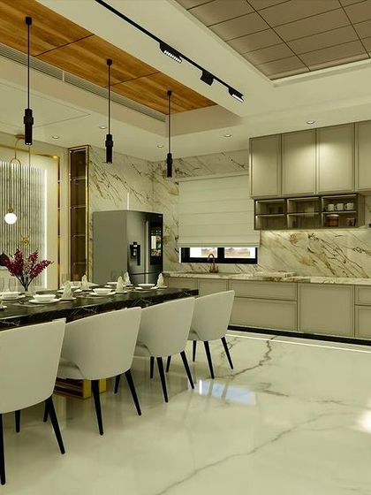 A view of the open-plan dining and kitchen area, showcasing the seamless flow and consistent material palette.