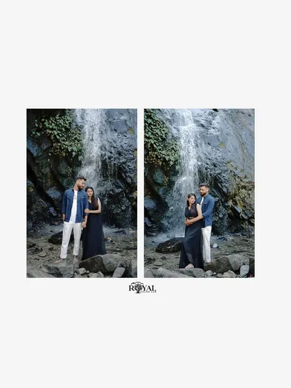 A diptych showing a couple posing together in front of a waterfall, capturing the serene and natural beauty of the location.