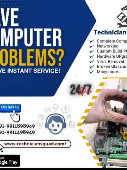 Facing computer troubles? We provide instant and effective solutions. This graphic highlights some of our core on-site services, from complete computer setup and hardware upgrades to virus removal and fixing broken screens, all available 24/7.