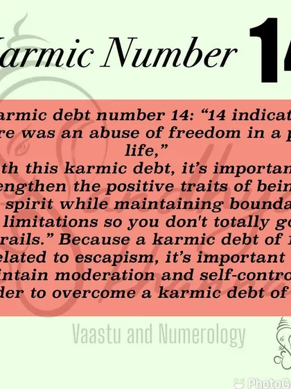 The karmic number 14 points to an abuse of freedom in a past life. To overcome this, you must learn to be a free spirit while maintaining boundaries. It is important to practice moderation and self-control to avoid going off track.