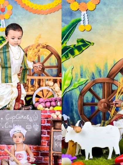 A collage showing a baby in a traditional farmer's outfit and a little chef theme.