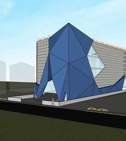 This render shows the 3D model of a jewellery showroom with a faceted, diamond-inspired façade. The design process involved creating a complex, angular form that would serve as a sculptural landmark.