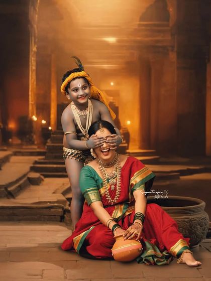 "Guess who?" A playful moment captured during our Yashoda and Krishna session, showcasing the fun and interactive nature of our photoshoots.