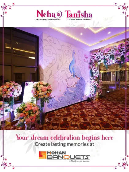 Your dream celebration begins here. This unique decor at Mohan Banquets features a hand-painted peacock mural, creating a beautiful and artistic photo corner for guests.