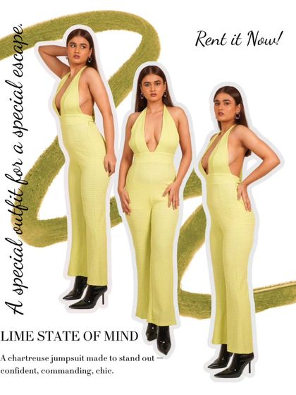 Lime state of mind. This graphic showcases a chartreuse halter-neck jumpsuit that's confident, commanding, and chic.