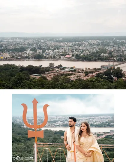 A two-part photo showing the couple with a large Trishul, overlooking the expansive city of Rishikesh and the Ganga river. This shot connects their personal story to the spiritual landscape of the holy city.