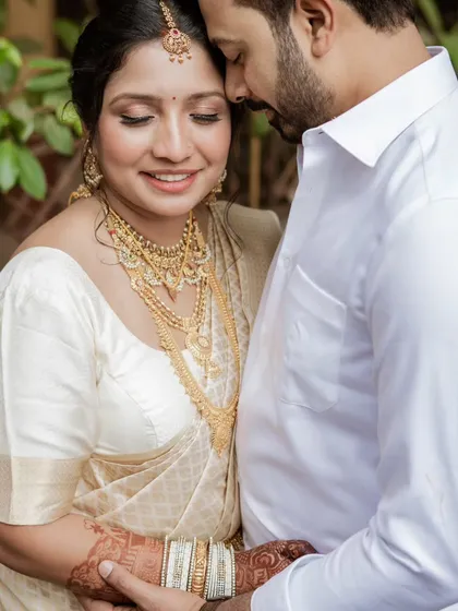 A close-up portrait that highlights the bride's stunning gold jewelry and the couple's loving embrace. These detail-oriented shots are an important part of our wedding photography coverage.