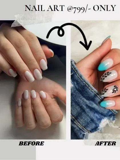 A side-by-side look at how we can enhance short nails with extensions and beautiful, subtle nail art featuring a leaf design and turquoise ombré.