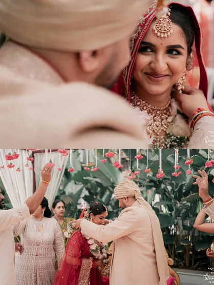 Close-up moments from a wedding ceremony. These shots capture the bride's happy expression and the traditional rituals, full of love and joy.