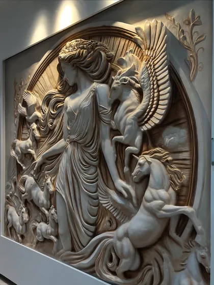 The side view highlights the three-dimensional quality of the winged horse and the flowing dress. This is not just a painting, it's a wall sculpture.