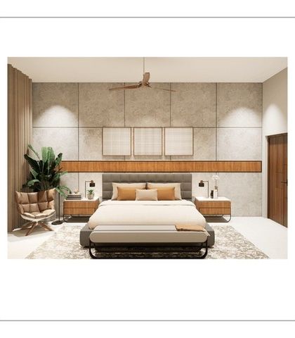 This bedroom design for ALTURA features a textured concrete-finish wall panel behind the bed. A long wooden ledge acts as a continuous headboard and display shelf, adding warmth and a strong horizontal line to the space.