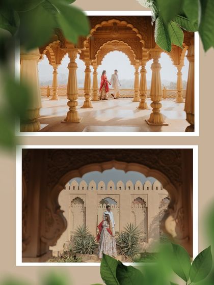 A series of shots using the palace architecture as creative frames. This technique adds depth and an artistic perspective to your royal pre-wedding photos.
