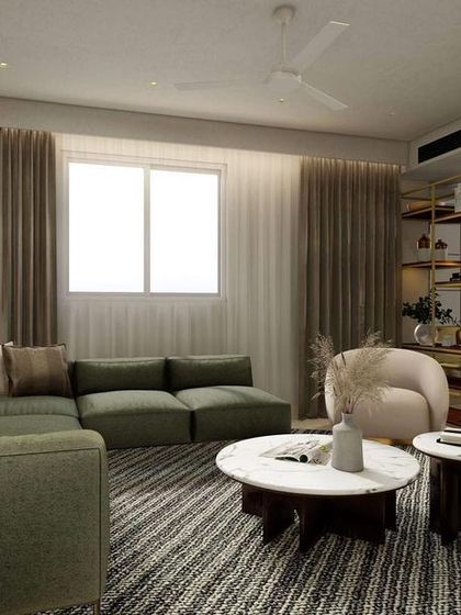 This view of the rendered family lounge showcases the custom brass and walnut TV unit, designed to be both a functional media center and a stylish shelving display.