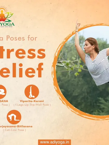 This graphic showcases key yoga poses for stress relief, including Balasana (Child's Pose) and Viparita Karani (Legs Up The Wall Pose). These are my go to recommendations for instant calm.