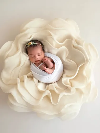 The "bloom" setup is one of my most requested, and I will teach you how to create it. This overhead shot shows a baby wrapped snugly inside a large fabric flower for a delicate and artistic portrait.